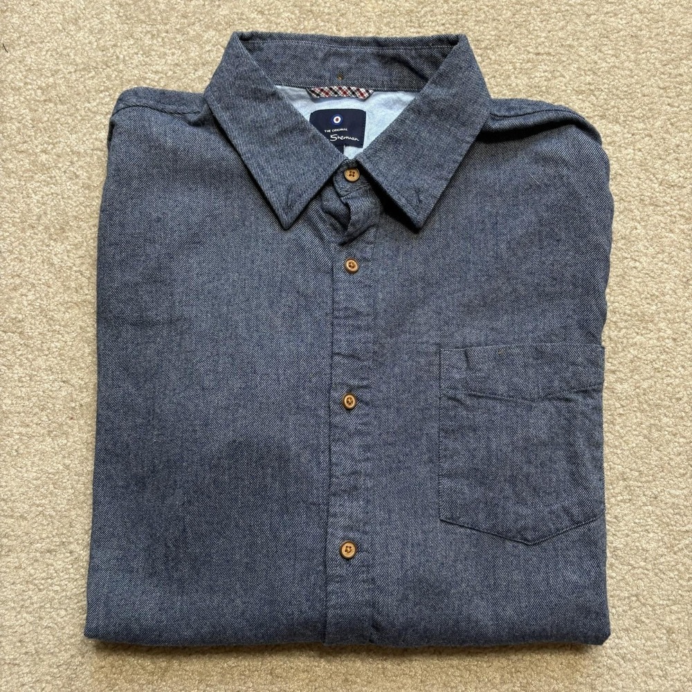 Ben Sherman Shirt Mens XL Blue Solid Cotton Button Up Long Sleeve Casual Woven